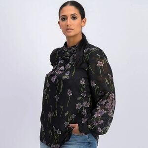 Ralph Lauren Womens Ozarra Pullover Mock Neck Black Floral Blouse